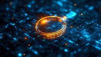 Glowing golden ring on futuristic circuit board background with blue digital elements and light effects, representing cryptocurrency or blockchain technology.