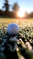 Golf ball on green grass with bright sunlight and lens flare creating dramatic backlit scene for sports and recreation concepts.