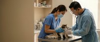 Two veterinarians in scrubs and masks examine a cat on a clinic table, providing professional pet healthcare in a modern veterinary office.