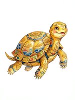 Decorative golden turtle with ornate patterned shell and blue accents, isolated on white background, suitable for children's books, educational materials, and design projects.