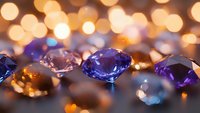 Colorful precious gemstones with blue sapphires, purple amethysts and amber crystals on dark surface with golden bokeh lights creating luxury backdrop.