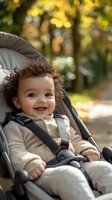 Smiling mixed-race baby with curly hair sitting in stroller outdoors during autumn, wearing beige outfit. Natural bokeh background creates warm atmosphere.