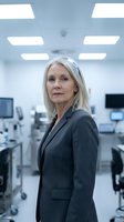 Mature woman with long white hair wearing dark blazer standing in modern laboratory or medical facility with equipment and bright overhead lighting.
