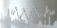 White 3D financial chart with candlestick patterns and volume bars showing market data analysis for trading and investment presentations on clean background.