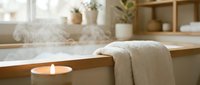 Spa bathtub with burning candle, folded towel, and potted plants on shelf, creating a relaxing wellness and home bathroom ambiance.