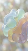 Soft iridescent fluid shape with pastel rainbow hues, smooth glossy surface, dreamy bokeh background, abstract organic form for modern design.