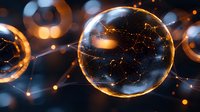 Glowing orange network connections inside transparent glass spheres against dark background with bokeh lights create futuristic technological concept.