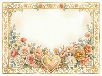 Watercolor floral frame with golden heart, roses, and ornate border on white background, isolated for wedding invitations and greeting cards.