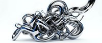 Tangled metallic chrome tubes and pipes twisted together in abstract composition, isolated on white background for design projects.