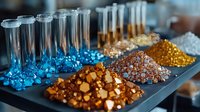 Laboratory test tubes and colorful chemical compounds in piles on gray tray, scientific research concept showing blue liquid and amber crystals in modern lab.