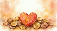 Watercolor heart surrounded by golden coins on warm background symbolizing love for money, wealth attraction, financial success and prosperity mindset.
