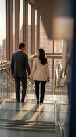 Business couple walking hand in hand down modern office corridor with large windows and natural sunlight creating warm atmosphere for corporate partnership.