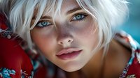 Young woman with platinum blonde hair, blue eyes, and freckles wearing a red floral outfit against blurred blue background.