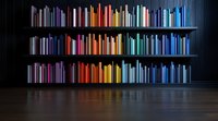 Colorful book spines arranged in rainbow spectrum order on dark wooden shelves, creating gradient effect from purple to blue with reflective floor surface.