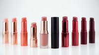 Collection of luxury lipsticks in coral pink and burgundy shades arranged in row on white background for cosmetic branding and beauty marketing campaigns.