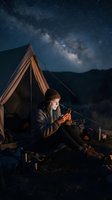 Caucasian woman wearing beanie and jacket sitting by tent at campfire under starry night sky with milky way galaxy visible overhead. Camping adventure and outdoor lifestyle.