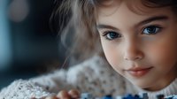 Young girl with bright blue eyes and gentle smile looking at camera, soft focus portrait with natural lighting and dreamy bokeh background creates tender mood.