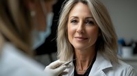 Professional blonde female doctor in white coat consulting with patient in modern medical office setting for healthcare and medicine concepts.