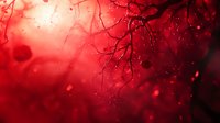 Abstract red background with branching structures resembling blood vessels or neural networks, illuminated by glowing particles creating a dramatic medical or scientific atmosphere.