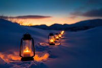 Glowing oil lanterns create magical path through deep snow at dusk, warm light contrasting with cold blue winter twilight and mountain silhouettes in background.