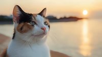 Calico cat with blue eyes gazing upward during golden hour sunset by tranquil water, warm lighting creates peaceful domestic pet portrait for relaxation themes.