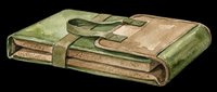 Watercolor green leather journal with strap, isolated on transparent background. Ready for stickers, t-shirt design, print on demand, clipart, and sublimation projects.