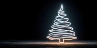 Glowing neon Christmas tree made of continuous white light lines on dark background. Holiday decoration concept for festive designs and celebrations.