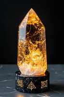 Glowing crystal obelisk on black marble base with mystical symbols, illuminated from within by warm golden light against dark background, creating magical atmosphere.