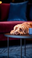 Adorable brown mixed breed dog with fluffy fur resting head on modern coffee table next to blue cup, burgundy sofa and blue pillow in background.