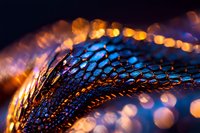 Macro shot of reptile skin texture with iridescent blue and golden scales, showcasing detailed patterns and bokeh lighting effects for wildlife and nature design projects.