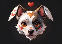 Adorable cartoon dog face with heart pattern markings and floppy ears on dark background, stylized puppy character design for stickers and merchandise.
