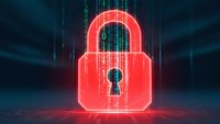 Glowing red digital padlock with keyhole surrounded by falling binary code matrix on dark cyber background for cybersecurity and data protection concepts.