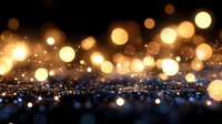 Glowing golden bokeh lights on dark background with sparkles and glitter effect creating magical atmosphere for festive holiday designs.