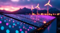 Solar panels and wind turbines at sunset with rain drops and bokeh lights creating magical atmosphere against mountain silhouettes in purple and blue tones.