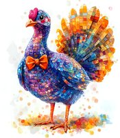 Colorful mosaic turkey with orange bow tie and vibrant tail feathers in watercolor style on white background, ready for thanksgiving designs and decorative prints.