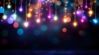 Glowing colorful string lights hanging against dark background with bokeh effect create magical festive atmosphere for holiday celebrations and special events.