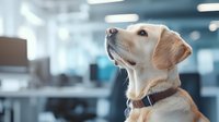 Attentive Labrador Retriever dog with leather collar looking up against blurred office background, soft natural lighting creates professional atmosphere.