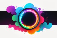 Vibrant rainbow circle frame with colorful liquid splash effects on black stripe background, glowing neon ring surrounded by dynamic abstract fluid shapes in pink, blue and orange.