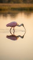 Roseate spoonbill wading bird feeding in shallow water with perfect reflection during golden hour sunset creating serene wetland scene for nature photography.