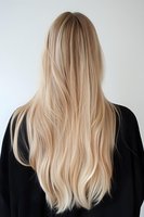 Back view of long straight blonde hair with natural balayage highlights on woman wearing black top against light gray background. Perfect for beauty and salon advertising.