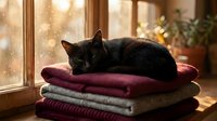 Black cat resting on stack of folded knit sweaters by window with rain drops and warm sunlight, cozy home interior scene.