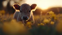 Young brown calf looking through yellow wildflowers at sunset, backlit ears glowing. Close up portrait with soft bokeh and warm golden hour lighting creates dreamy atmosphere.