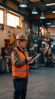 Senior Caucasian male engineer in safety vest and hard hat using tablet in industrial manufacturing facility with machinery and equipment in background.