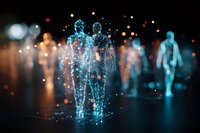 Glowing blue holographic figures walking on dark surface with bokeh light effects, representing digital transformation and future technology advancement.