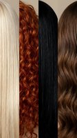 Four different hair textures and colors showcasing blonde straight, red curly, black sleek and brown wavy styles for beauty salon and haircare concepts.