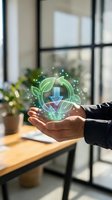 Businessman hand holding glowing green recycling symbol with leaves and download arrow in modern office environment for sustainability concepts.