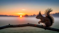 Red squirrel sitting on branch during golden hour sunset with warm orange sky and blurred background creating peaceful wildlife scene.
