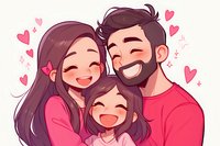 Happy Asian family portrait with bearded father, mother and daughter sharing joyful moment, surrounded by pink hearts in cute cartoon anime style illustration.