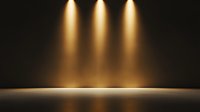 Dramatic spotlights beam down creating golden light rays on empty stage, dark atmospheric background with warm illumination and shadow effects for theatrical presentation.