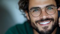 Young Mediterranean man with beard and glasses showing bright white smile, close-up portrait against blurred background. Professional headshot for dental or optical services.